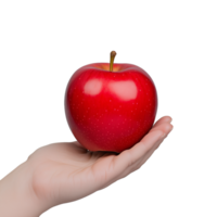 Hand holding a fresh red apple on a transparent background representing health, nutrition, and freshness for dietary concepts and food industry imagery. png