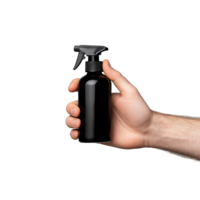 Close-up of a hand holding a black spray bottle on a transparent background png