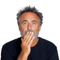 Portrait of thoughtful man with hand covering mouth on transparent background, wearing casual black shirt, displaying curiosity and contemplation png