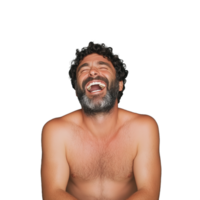 A joyful man with curly hair and beard laughing heartily on a transparent background, capturing a moment of pure happiness and freedom. png