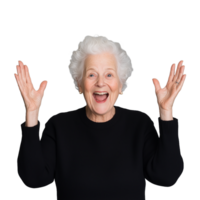 Joyful elderly woman expressing excitement and happiness with raised hands on a transparent background png
