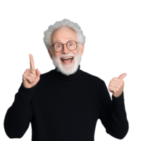 Joyful elderly man in black sweater gesturing excitement with thumbs up on transparent background png