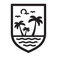 Black and white tropical crest featuring palm trees sun and ocean waves vector