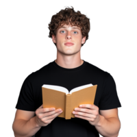 Young man reading a book with a focused expression on transparent background, capturing a thoughtful and intellectual mood png