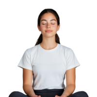 Young woman meditating peacefully with closed eyes in a relaxed posture on a transparent background for mindfulness and tranquility concepts png