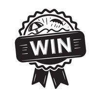 Black and white illustration of a win badge with beach scene and ribbons vector