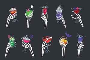 Skeleton hands holding colorful cocktails vector