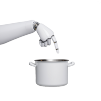 Robotic hand interacting with a cooking pot on a transparent background, showcasing futuristic technology and innovation in the culinary industry png