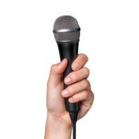 Hand holding a classic microphone with a transparent background, perfect for presentations, performances, music, and public speaking themes. png