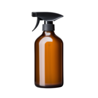 Amber glass spray bottle with black trigger cap on transparent background ideal for dispensing liquids png