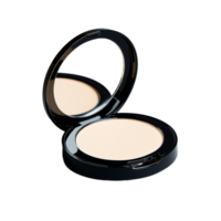 Elegant black compact powder case with mirror and beige makeup on a transparent background png