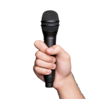 Close-up of a hand holding a microphone on a transparent background, perfect for themes related to communication, music, and broadcasting. png