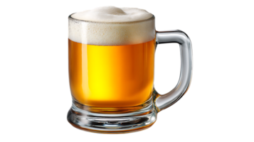A refreshing golden lager beer filled to the brim with frothy white head in a glass mug isolated on transparent background png