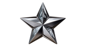 Polished silver five pointed star emblem with reflective surfaces isolated on transparent background png