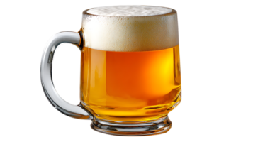 A refreshing glass mug filled with golden beer and frothy white head isolated on transparent background png