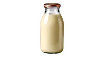 A glass bottle filled with creamy yellow liquid and a copper colored cap isolated on transparent background png