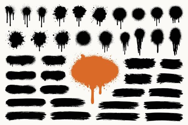 Abstract graffiti splatter and brush stroke set, grunge spray paint texture, ink drip silhouette, watercolor stain, smudge stroke ornament, torn paper overlay, dirty poster frame pack