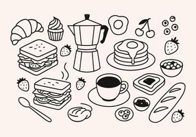 Breakfast Doodle Set Hand Drawn Food and Coffee Collection vector