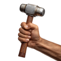 A strong hand firmly grips a metal and wood hammer ready for work isolated on transparent background png
