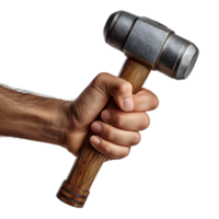Close up of a strong hand holding a heavy metal sledgehammer with a wooden handle isolated on transparent background png