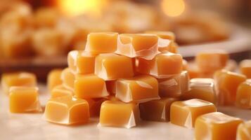 Stack of golden caramel cubes, delicious and sweet treat. photo
