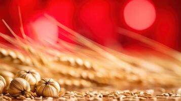 Garlic bulbs nestled in a golden wheat field. photo