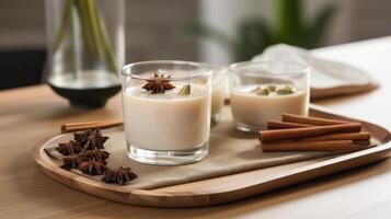 Two glasses of spiced milk with star anise and cinnamon. photo