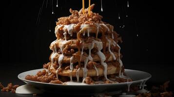 Stacked cinnamon rolls drizzled with icing, a sweet treat. photo