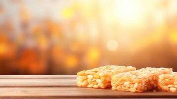 Rice crackers on a wooden surface with blurred background. photo