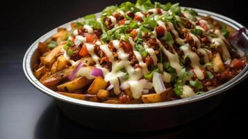 Spicy loaded fries with sauce, herbs, and red onion. photo