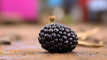 Detailed view of a ripe, dark blackberry on the ground. photo
