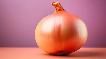 A single, ripe onion against a purple background. photo