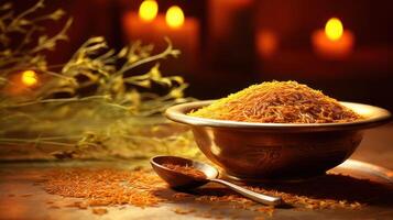 Spices in a bowl, illuminated by candlelight. photo