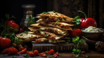 Stacked quesadillas with fresh ingredients, rustic food photography. photo
