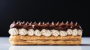 Elegant chocolate cream cake with piped cream decoration. photo