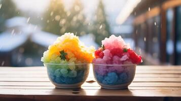 Colorful shaved ice dessert on a wooden table. photo