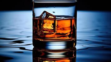 Glass of liquid with ice, reflected in water. photo