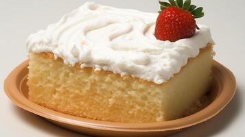 Vanilla cake slice with frosting and a strawberry. photo