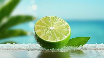 Lime slice in water, refreshing citrus fruit, tropical vibe. photo