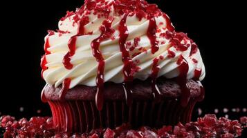 Delicious red velvet cupcake with cream cheese frosting. photo