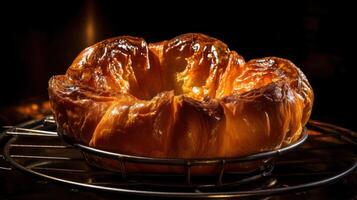 Golden glazed cake on a wire rack, baking in oven. photo