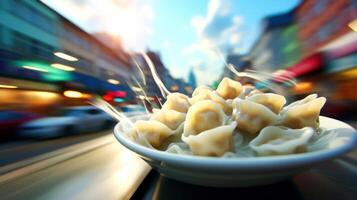 Steaming dumplings in a bowl, blurred city background. photo