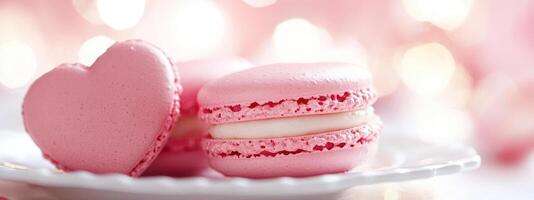 Delicate pink macarons on a plate, close-up view. photo