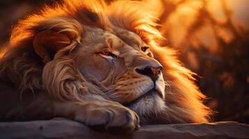 Majestic lion resting, bathed in golden light. photo