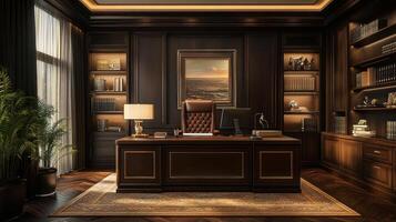 Luxurious executive study with dark wood paneling and a view. photo