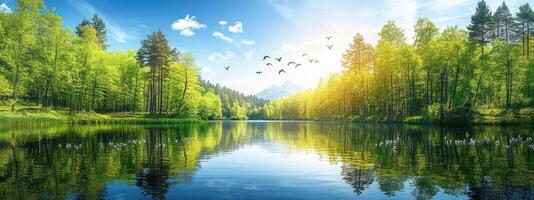 Tranquil lake reflecting lush forest and bright sunlight. photo