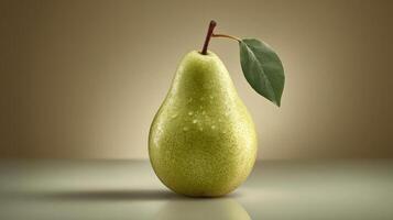 A single pear with a leaf, beautifully lit and detailed. photo
