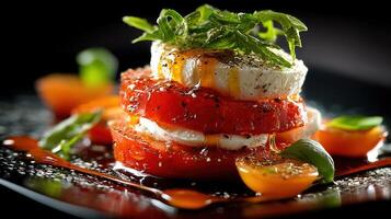 Tomato and mozzarella stack with basil and balsamic glaze. photo