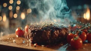 Perfectly cooked steak with cherry tomatoes, delicious and savory. photo