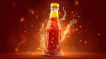 Red sauce bottle with a dynamic splash effect. photo